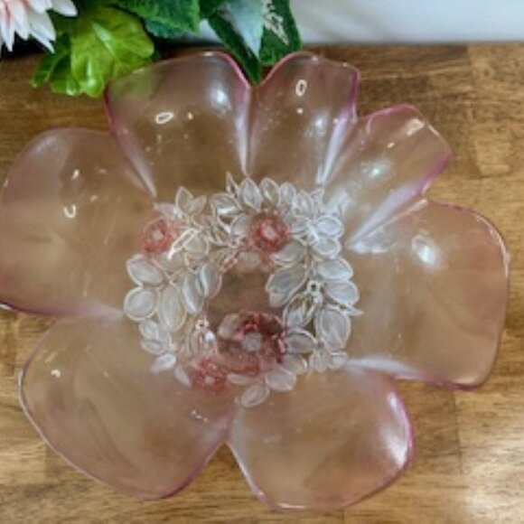 Mikasa Rosella Glass Bowl Pink‎ Frosted Ruffled Edge Vintage Floral Centerpiece - Picture 3 of 5